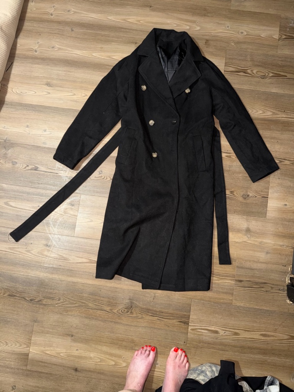 Women's Black Double-Breasted Belted Trench Coat